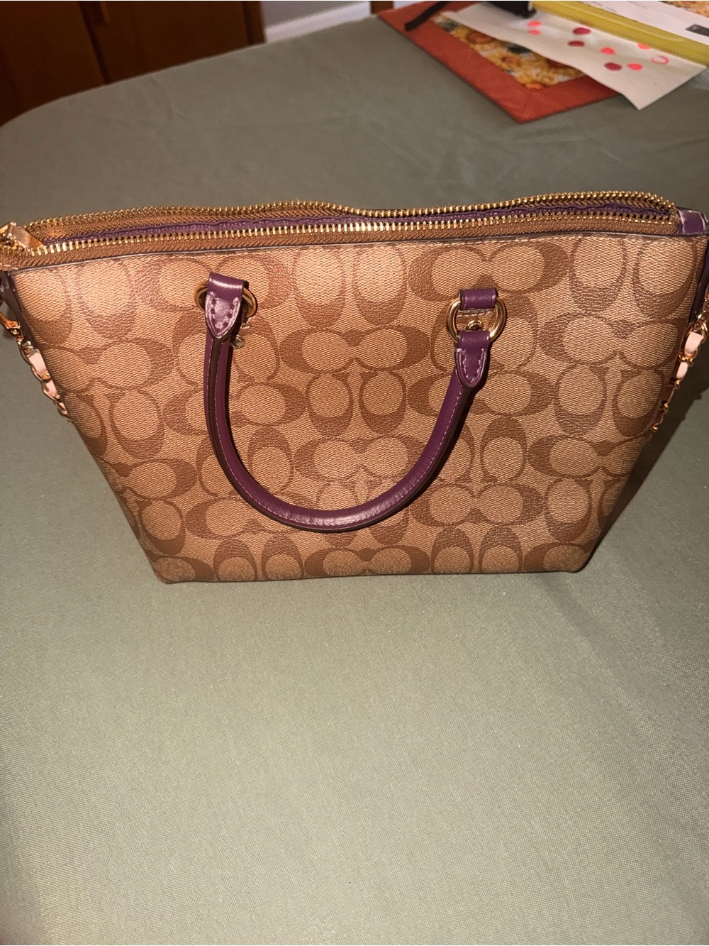 Coach Brown Signature Canvas Tote with Pink Front Pocket and Purple Trim - Picture 2 of 6
